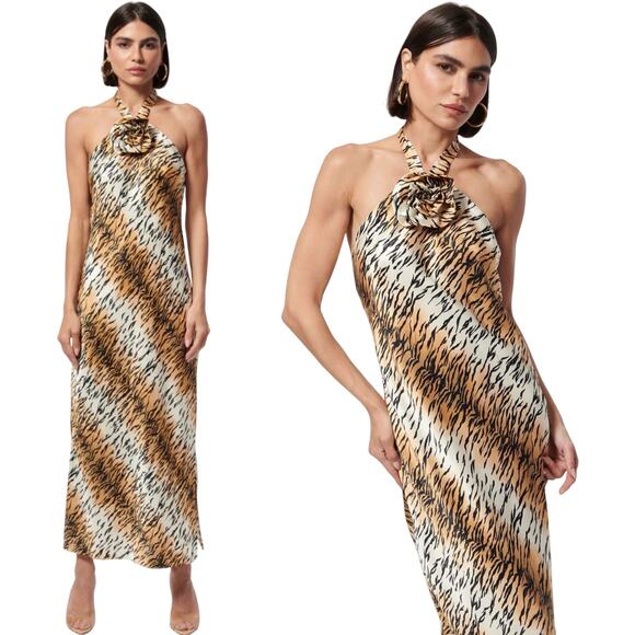 Cami NYC Lenzy Tiger Halter Midi Dress Silk Rosette Cheetah Leopard Slinky XS - Picture 4 of 9